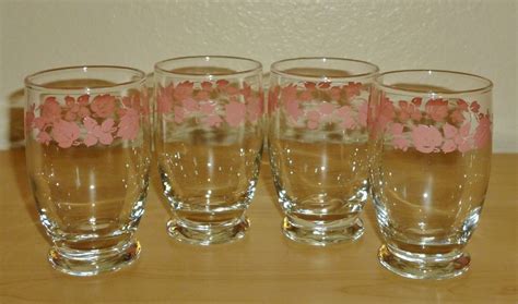 Vintage Pyrex Clear Glass Pink Gooseberry Design Juice Glasses Tumblers