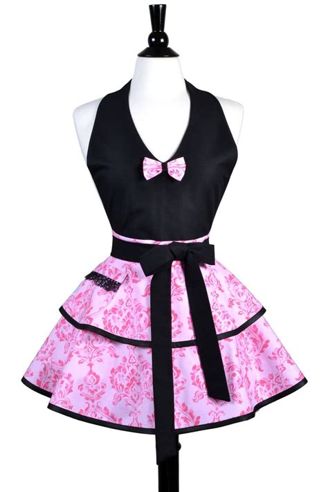 Pretty In Pink Halter Apron Pink Damask Flirty Skirts Pinup Apron
