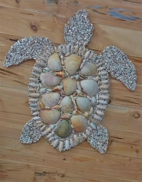 Hand Crafted Sea Turtle Coastal Beach House Art With Shell Mosaic Ready
