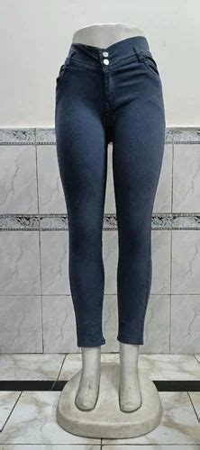 Skinny Ladies Dark Grey Stretchable Denim Jeans Button And Zipper
