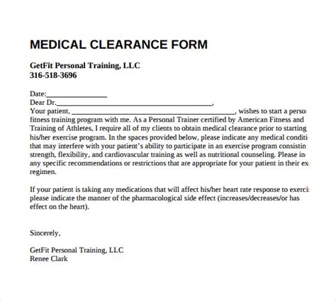 sample medical clearance forms   ms word