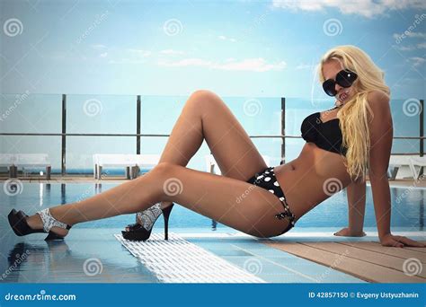 Beautiful Blond Woman In High Heels Girl In Bikini And Sunglasses Blond