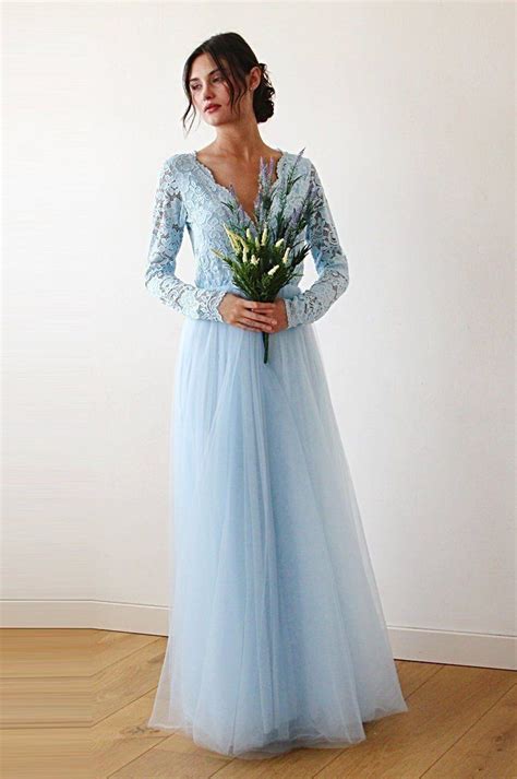 blushfashion light blue tulle  lace long sleeve wedding maxi dress maxi dress wedding