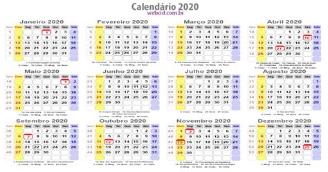 Calendário 2020 Com Feriados Nacionais Fases Da Lua E