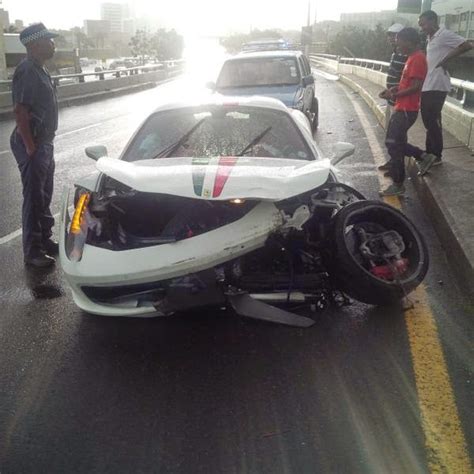 white ferrari  italia crashed  durban south africa