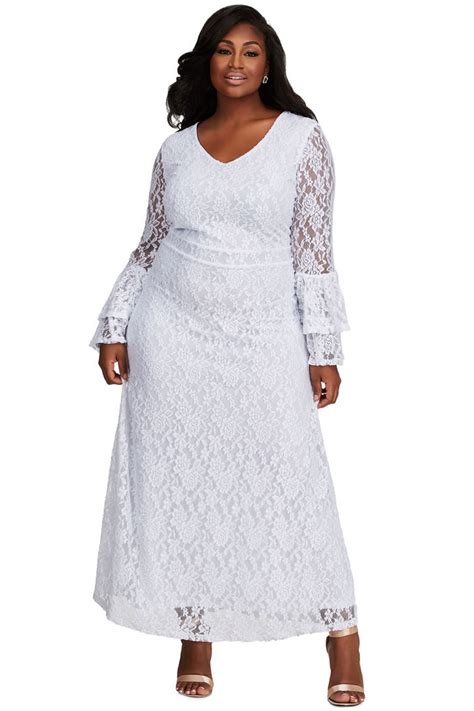 Wholesale Stylish White Lace Bell Sleeve Plus Size Maxi Dress