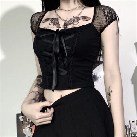 women gothic lace up crop top goth t shirt short sleeve cocktail night