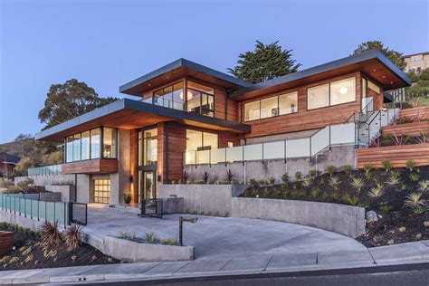 dramatic hillside home  modern  warm feel  marin county house exterior contemporary