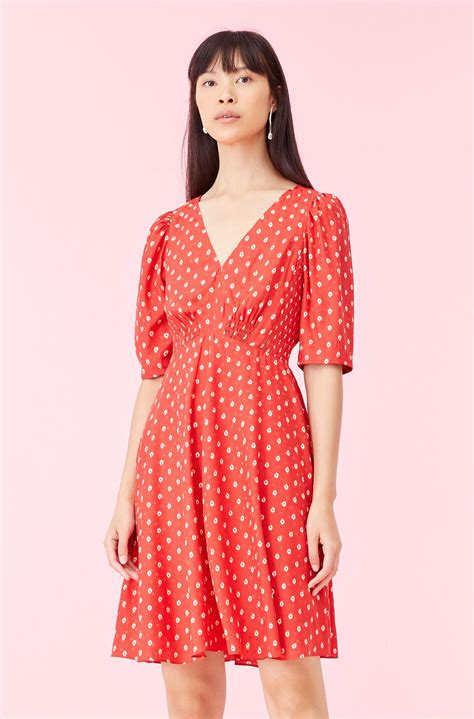 Rebecca Taylor Silk Sunrise Dot Jacquard V Neck Dress In Red Lyst