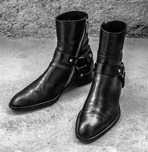 handmade mens black leather ankle high side zipper boots boots
