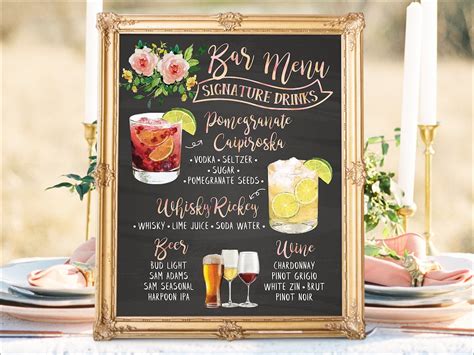digital printable wedding bar menu sign    etsy