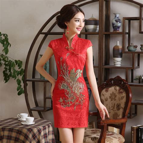 noble retro phoenix printing chinese bride cheongsam dress short