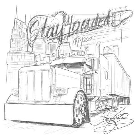 drawing   semi truck  front   cityscape