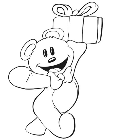 birthday coloring page  teddy bear carrying  present