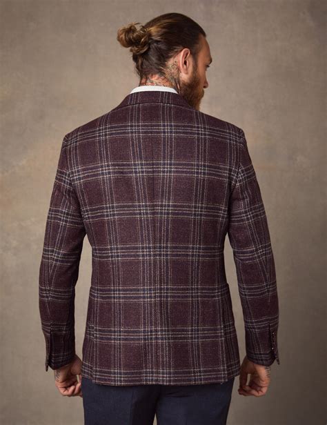 mens burgundy check italian wool silk blend jacket  collection hawes curtis
