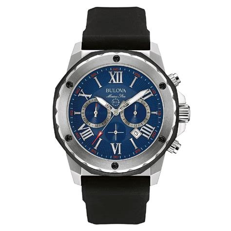 bulova mens marine star blue dial black silicone strap chronograph