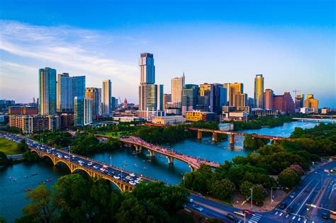 aerial drone view  austin texas usa afternoon sunset lady bird