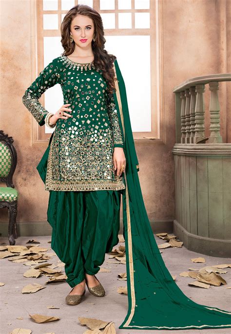 Embroidered Taffeta Silk Punjabi Suit In Dark Green Kch1162