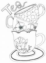 Tea Coloring Pages Set Teapot Cups Vintage Getdrawings sketch template