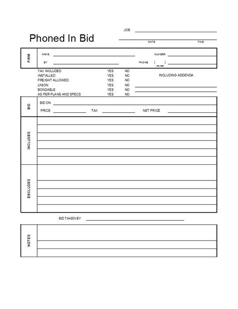 construction bid form  printable documents