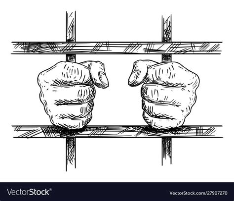 vector black and white artistic drawing of hands of prisoner in prison