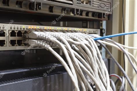 premium photo patch panel server rack  gray cords   background