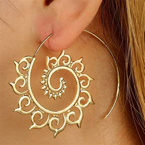 unique metal hoop earrings women floral sun  gold big circle