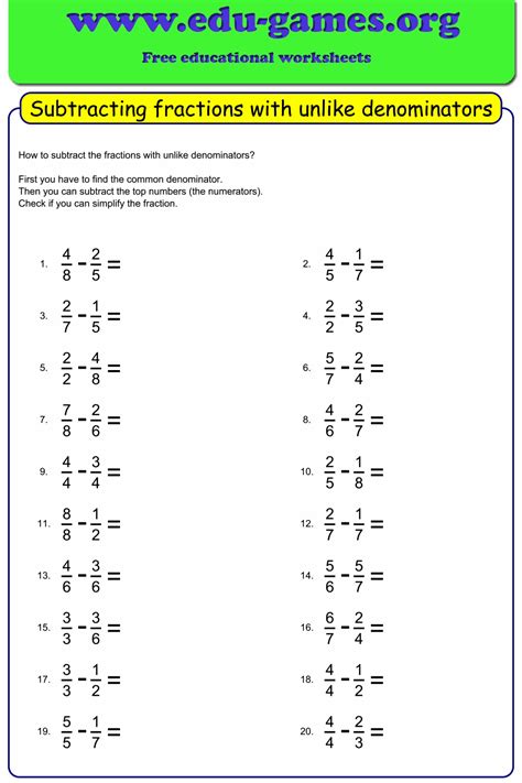 adding  subtracting fractions   denominators worksheets