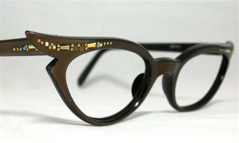 vintage 60s winged cat eye glasses bronze on black with ab rhinestones