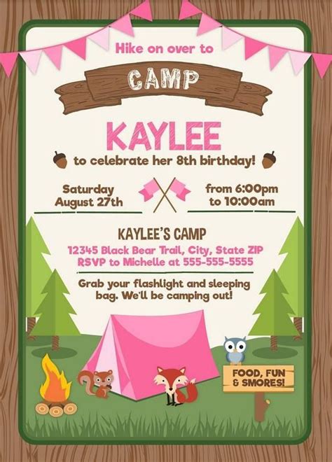 camp birthday party  pink  brown tent trees  animals