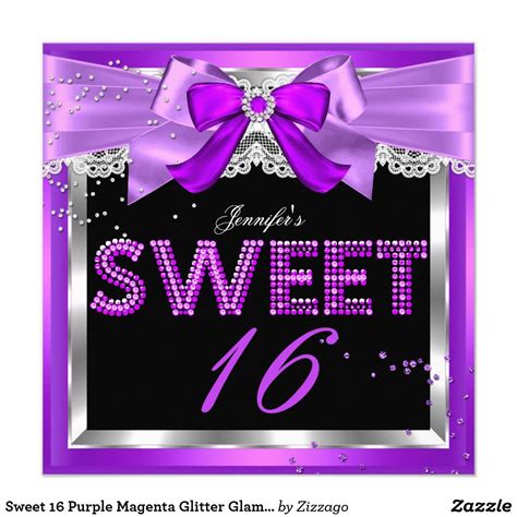 sweet 16 purple magenta glitter glam birthday invitation