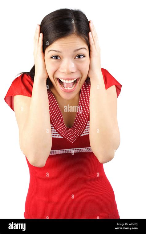 Happily Surprised Woman Holding Her Head In Amazement Isolated On
