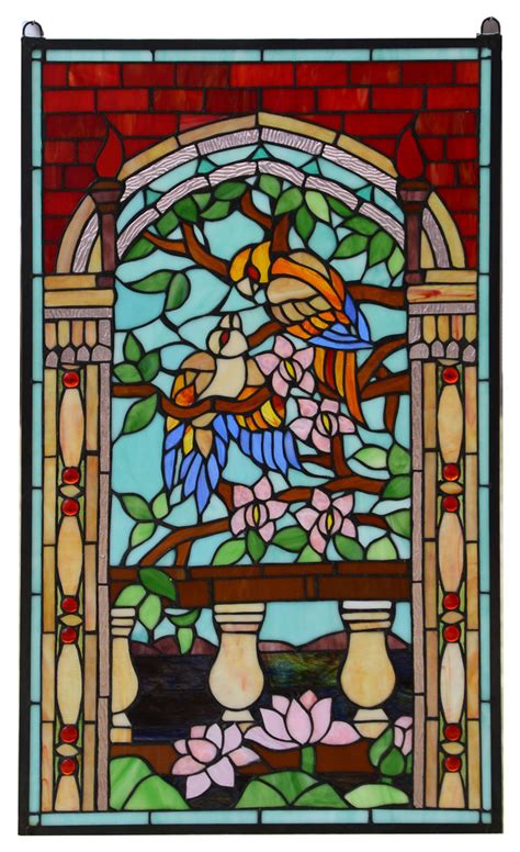 Large Tiffany Style Stained Glass Window Panel Love Bird Two Parrot 20