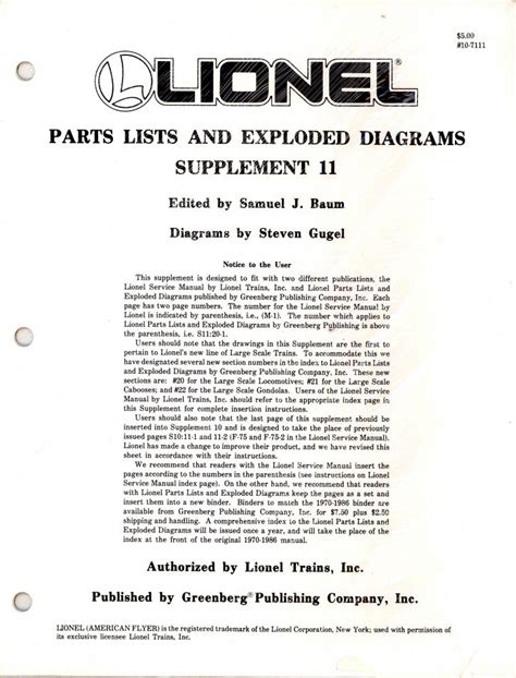 lionel parts list  exploded diagrams supplement   western depot