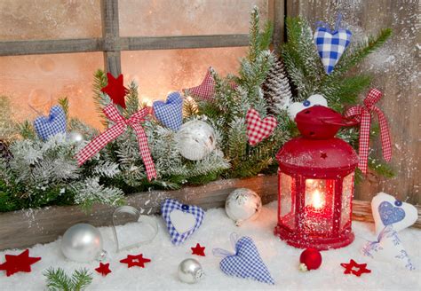 red  blue christmas decoration  window sill  hearts stock photo image  lantern