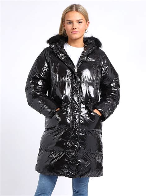 womens high shine wet look bubble faux fur parka coat size 10 8 12 14