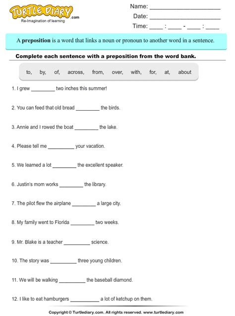 choose  write correct preposition  complete sentences worksheet