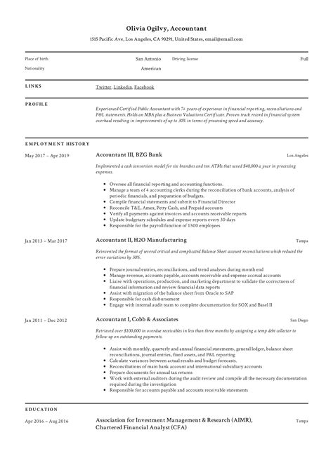 accountant resume template  templates printable