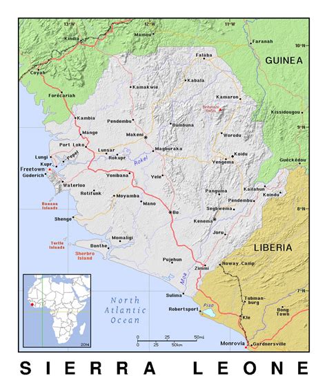 detailed political map  sierra leone  relief sierra leone