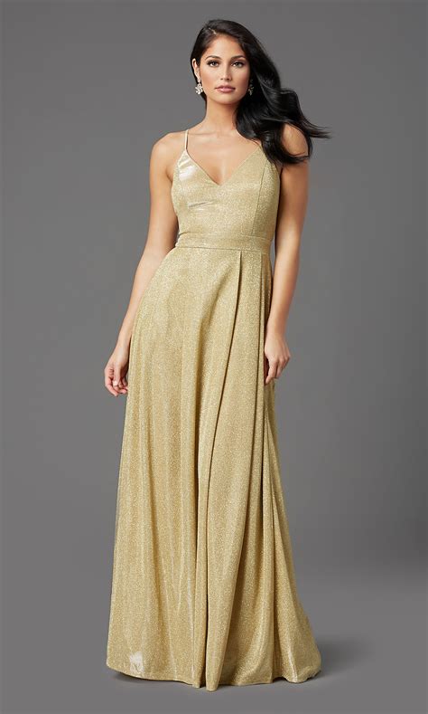 Formal Metallic Sparkly Long Gold Prom Dress Promgirl