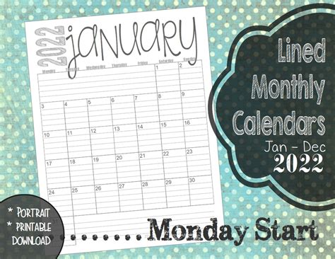 printable lined monthly calendar