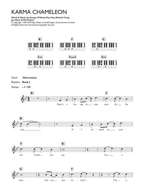 karma chameleon sheet music culture club piano chords lyrics