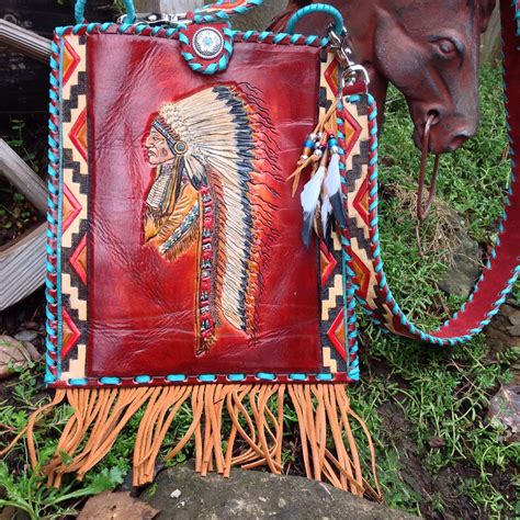 hand tooled indian chief art bag  double joriginals western bag western purses western