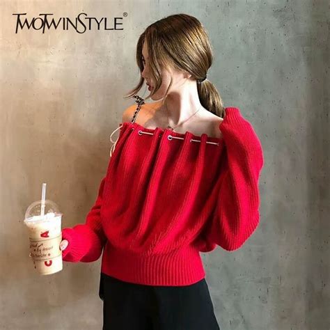 Twotwinstyle Slash Neck Sweater Female Off Shoulder Draw String Ruched