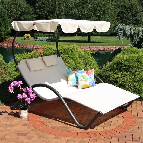 sunnydaze double chaise lounge  canopy shade  headrest pillows