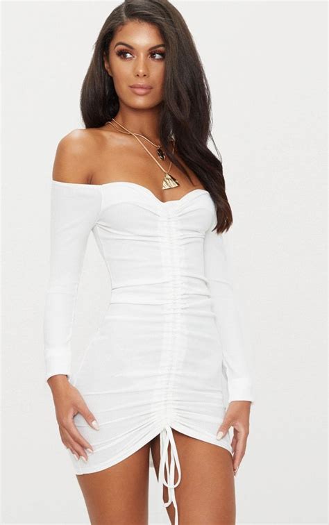 white ribbed long sleeve ruched bodycon dress palatine ruched bodycon