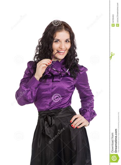beautiful smiling brunette woman wearing shirt skirt and