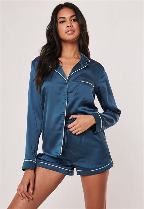 Blue Piping Detail Short Pajama Set Missguided