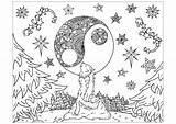 Foret Loup Lune Adulte Wolves Howling Mandalas Starry Justcolor sketch template