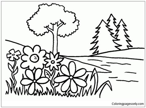 trees  flowers coloring page  printable coloring pages